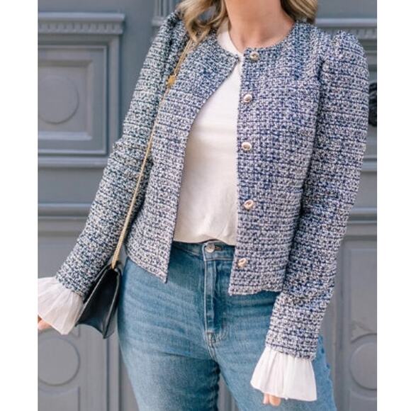 NWT KATE SPADE JACKET 4 BLAZER BLUE TWEED PUFF LONG SLEEVE CROPPED OFFICE MATURE - Picture 1 of 16